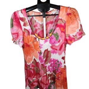 Nicola Medium Pink and Orange Floral Print Pull Over Gathered Blouse. NWOT